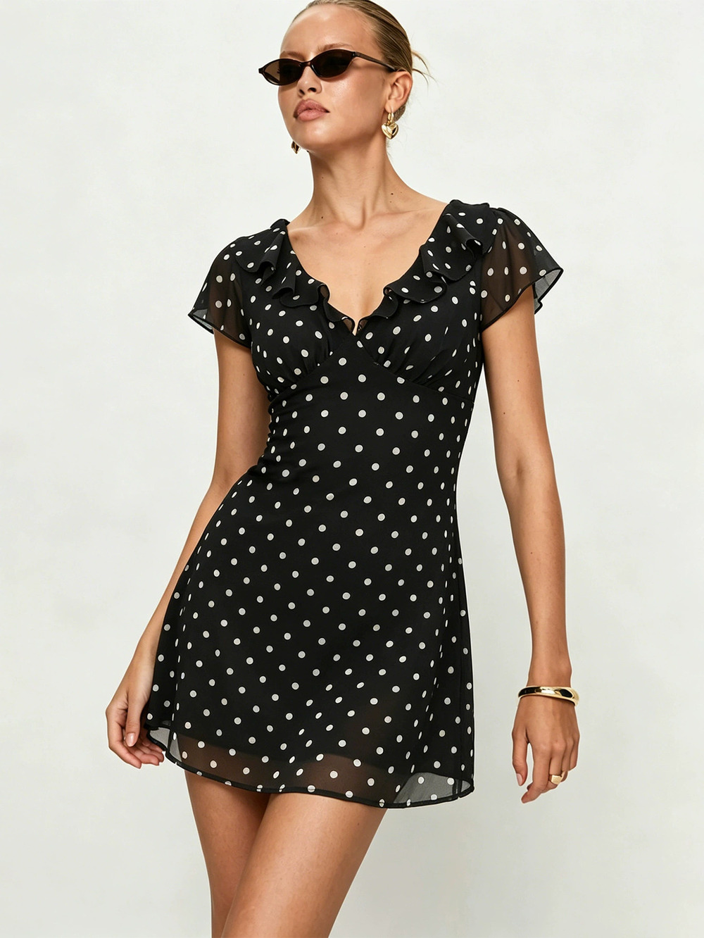 ZARA Summer French Polka Dot Ruffle Neck Slimming Short Dress